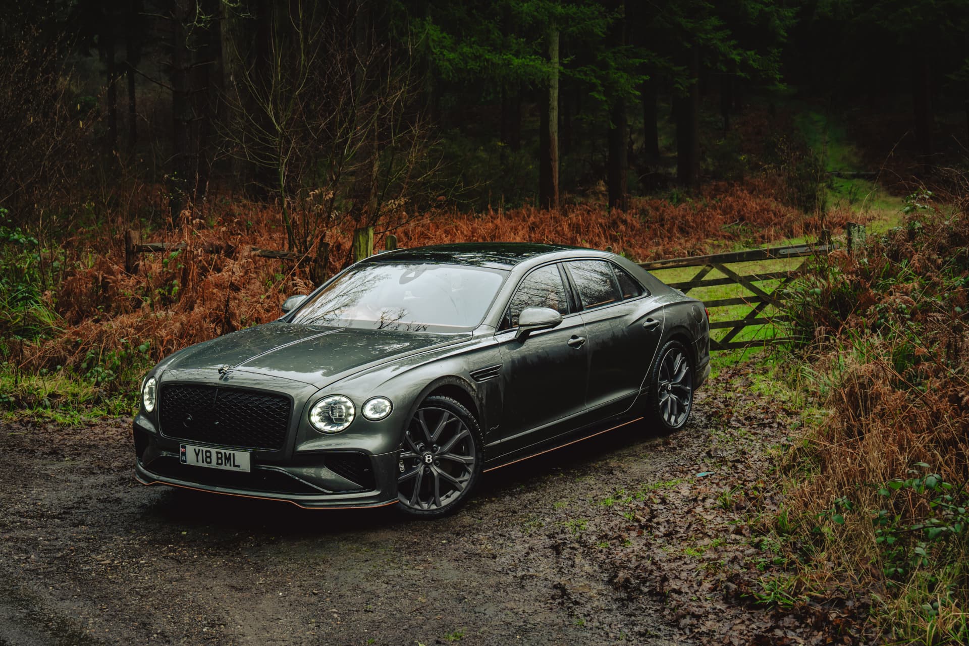Bentley Flying Spur parked on a woodland track